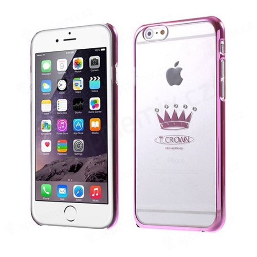 Plastový kryt X-FITTED pro Apple iPhone 6 / 6S - průhledný + růžový rámeček - růžová koruna zdobená kamínky Swarovski