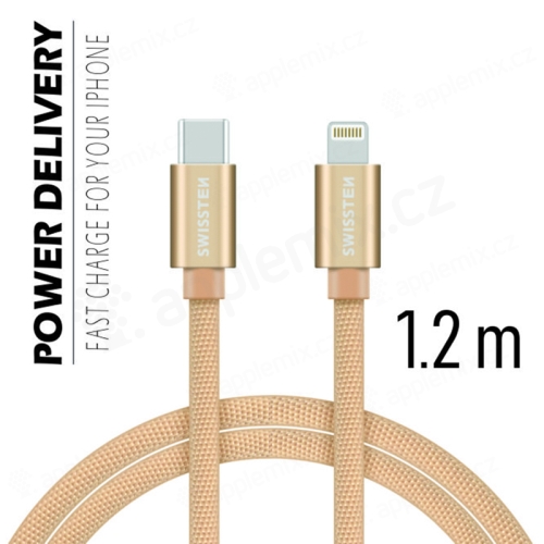 Synchronizačný a nabíjací kábel SWISSTEN - USB-C - Lightning pre zariadenia Apple - čipka - zlatý - 1,2 m