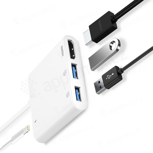 Přepojka / redukce pro Apple iPhone / iPad - Lightning na 2x USB-A + HDMI + Lightning - bílá - (iOS 16 kompatibilní)