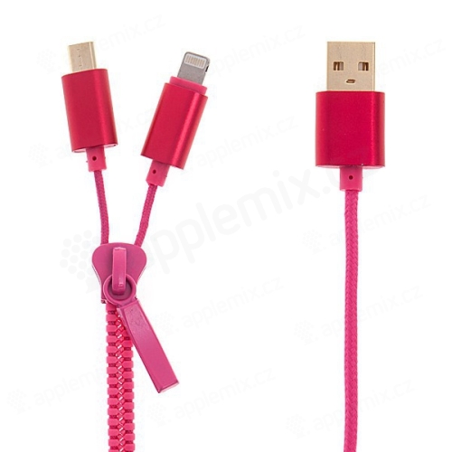 2v1 Synchronizační a nabíjecí kabel Lightning a micro USB pro Apple iPhone / iPad / iPod a další zařízení - zip - růžový - 90cm