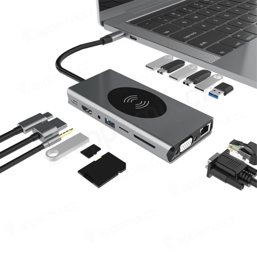 Rozbočovač / rozbočovač / adaptér 15v1 pre Apple MacBook Air / Pro - USB-C na USB-C + HDMI + nabíjačka Qi