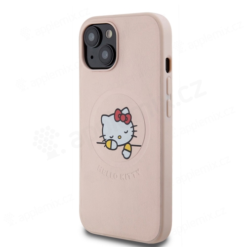 Kryt HELLO KITTY pro Apple iPhone 15 - spící Kitty - MagSafe - silikon / umělá kůže - růžový