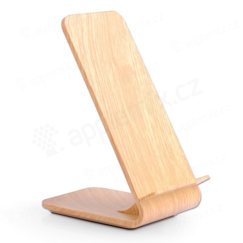 Bezdrátová nabíječka / nabíjecí podložka Qi  - stojánek - imitace dřeva - světle hnědá