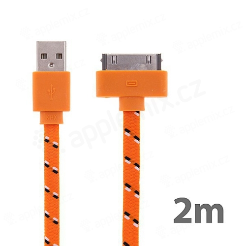 Synchronizační a nabíjecí kabel s 30pin konektorem pro Apple iPhone / iPad / iPod - tkanička - plochý oranžový