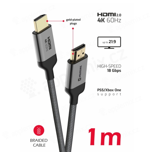 Kabel SWISSTEN HDMI-HDMI propojovací - podpora 4K@60Hz - šedý - 1m