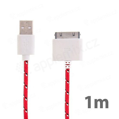 Synchronizační a nabíjecí kabel s 30pin konektorem pro Apple iPhone / iPad / iPod - tkanička - červený