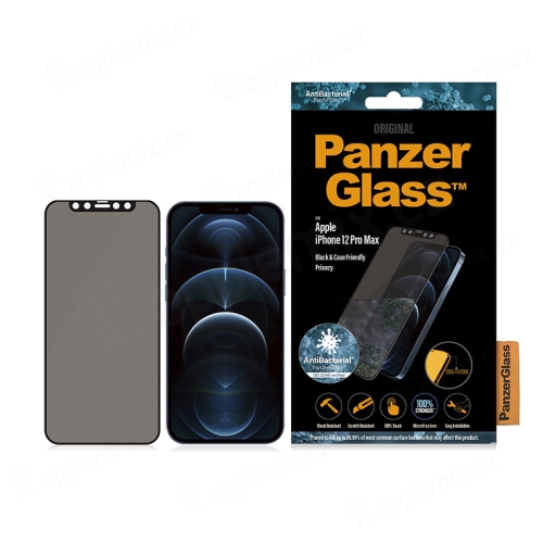 Tvrzené sklo (Tempered Glass) PANZERGLASS pro Apple iPhone 12 Pro Max - privacy - antibakteriální - černý rámeček - 0,4mm