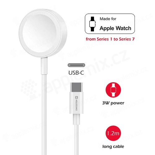 SWISSTEN USB-C magnetický nabíjací kábel pre Apple Watch - 1,2 m - biely