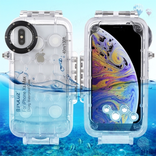 PULUZ vodotesné puzdro pre Apple iPhone Xs Max s odolnosťou do 40 m hĺbky (IPX8) - priehľadné / biele