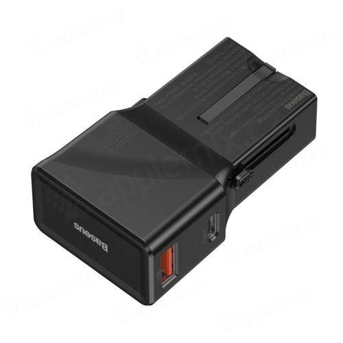 Cestovní adaptér / nabíječka BASEUS - přepojka EU / UK / US / AU - USB + USB-C - QC 3.0, PD - 18W - černá