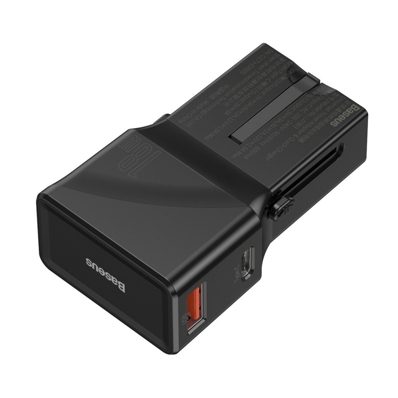 Cestovní adaptér / nabíječka BASEUS - přepojka EU / UK / US / AU - USB + USB-C - QC 3.0, PD - 18W - černá, CCTY-01