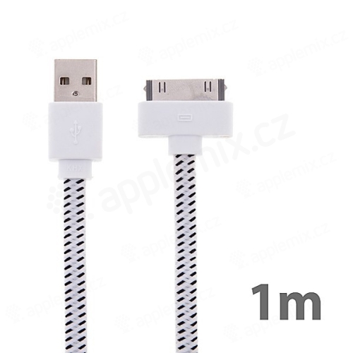 Synchronizační a nabíjecí kabel s 30pin konektorem pro Apple iPhone / iPad / iPod - tkanička - plochý bílý - 1m