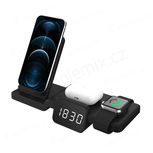 Stojan / Qi bezdrôtová nabíjačka / hodiny 4v1 - pre Apple iPhone + hodinky + bezdrôtové slúchadlá AirPods + hodiny - čierny