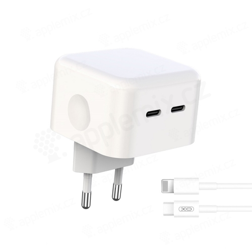 2v1 nabíjecí sada XO L102 pro Apple zařízení - EU adaptér a kabel Lightning - 2x USB-C - 35W - bílá