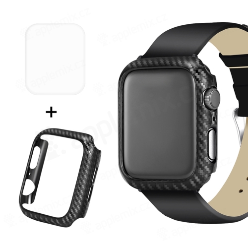 2v1 Kryt / fólie na displej ENKAY pro Apple Watch Series 4 / 5 44mm - karbonová textura