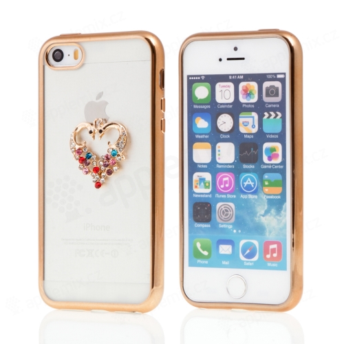 Kryt pro Apple iPhone 5 / 5S / SE gumový s lesklými kamínky - srdce - zlatý