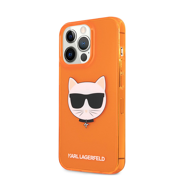 Kryt KARL LAGERFELD pro Apple iPhone 13 Pro - hlava Choupette - gumový - oranžový