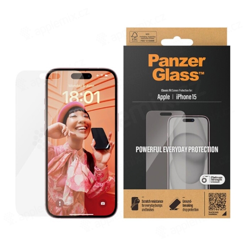 Tvrzené sklo (Temperd Glass) PANZERGLASS pro Apple iPhone 15 - classic fit + aplikátor
