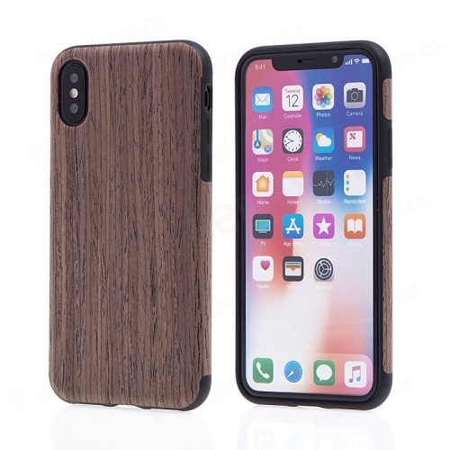 Kryt pro Apple iPhone X - gumový - hnědý / motiv dřeva dub tmavý