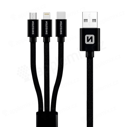 Kabel SWISSTEN Textile 3v1 - USB-A / USB-C + Lightning + Micro USB - Mfi - 1,2m - černý