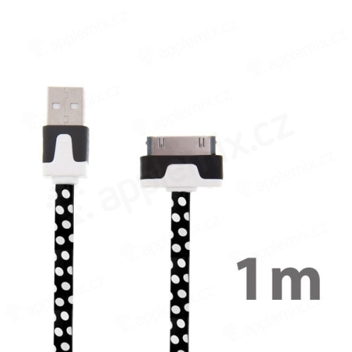 Noodle style synchronizační a nabíjecí USB kabel pro Apple iPhone / iPad / iPod - černý s bílými puntíky