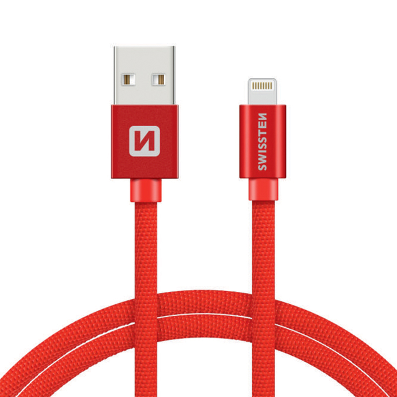 Synchronizační a nabíjecí kabel SWISSTEN - MFi Lightning pro Apple zařízení - tkanička - červený - 1,2m