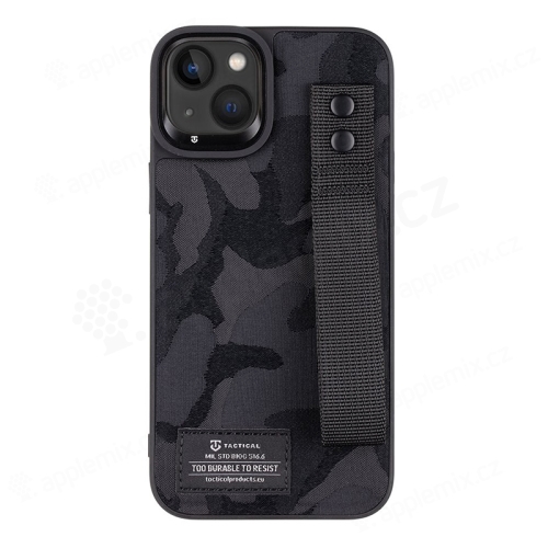 Kryt TACTICAL Camo pre Apple iPhone 14 Plus - látkový maskáč + remienok s nitmi - plastový/gumový - čierny