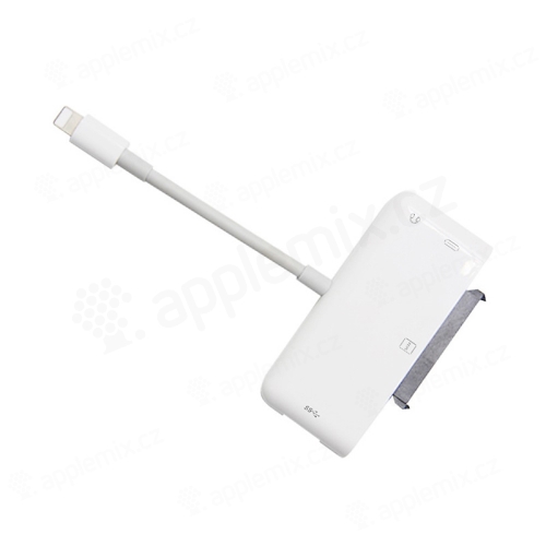 Přepojka / redukce pro Apple iPhone / iPad - Lightning na USB-A + 3,5mm jack + SATA + Lightning - bílá