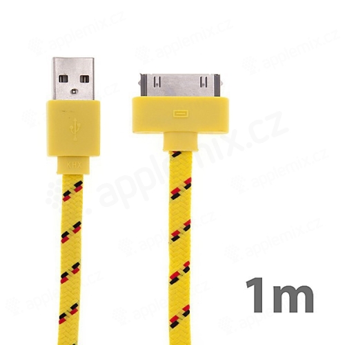 Synchronizační a nabíjecí kabel s 30pin konektorem pro Apple iPhone / iPad / iPod - tkanička - plochý žlutý - 1m