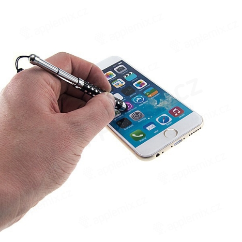 Vysúvacie dotykové pero / stylus + prachotesná krytka konektora pre zariadenia Apple - čierna a strieborná s kamienkami
