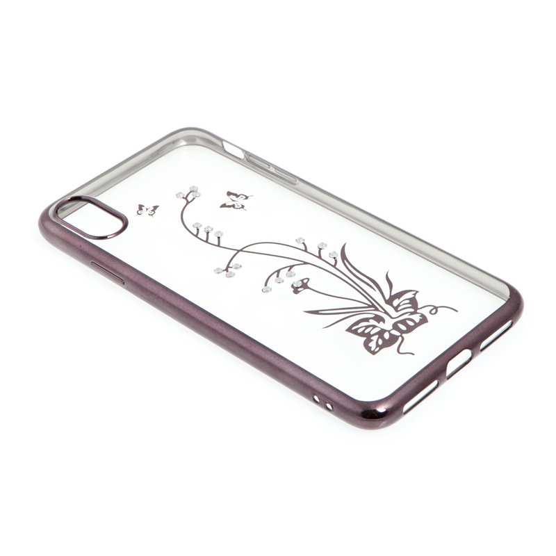 Kryt BEEYO pro Apple iPhone Xs Max - s kamínky - gumový - květina - průhledný / hnědý