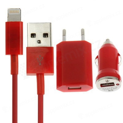 3v1 nabíjecí sada pro Apple iPhone / iPod - EU adaptér, autonabíječka a Lightning kabel - červená