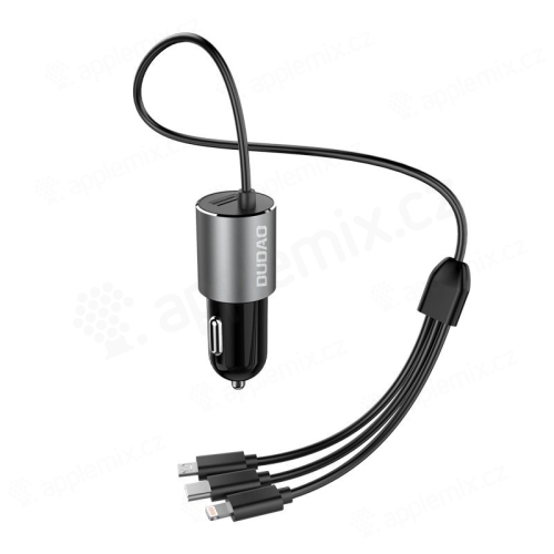 Autonabíječka DUDAO 3v1 - USB-A + vestavěný kabel Lightning / USB-C / Micro USB - černá / stříbrná