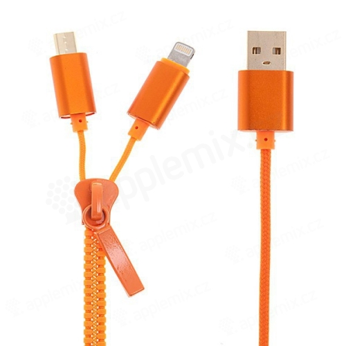 Synchronizačný a nabíjací kábel 2v1 Lightning a micro USB pre Apple iPhone / iPad a iné zariadenia - zips - oranžový - 90 cm