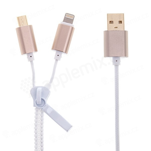 2v1 Synchronizační a nabíjecí kabel Lightning a micro USB pro Apple iPhone / iPad / iPod a další zařízení - zip - bílý - 90cm