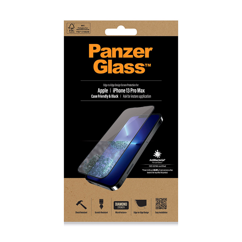Tvrzené sklo (Tempered Glass) PANZERGLASS pro Apple iPhone 13 Pro Max / 14 Plus- černý rámeček - 0,4mm