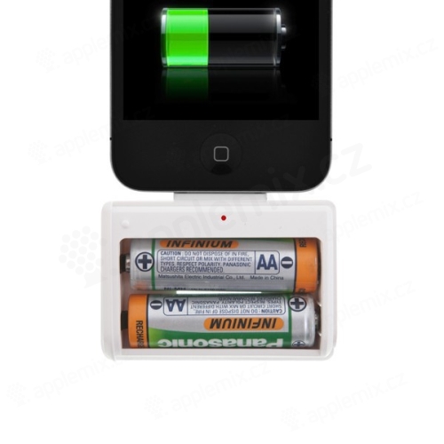 Přenosná externí nabíječka pro Apple iPhone 4S / 4 / 3GS / 3G / iPod na 2 x AA tužkové baterie - bílá