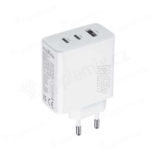 45W EU napájecí adaptér / nabíječka MAXLIFE - USB-A + 2x USB-C pro Apple iPhone / iPad / Mac - bílý