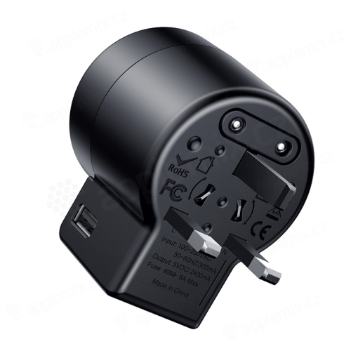 Cestovní adaptér / nabíječka BASEUS - průchozí přepojka EU / UK / US + 2x USB 2,4A - černá