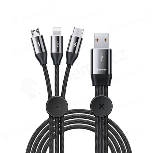 Synchronizační a nabíjecí kabel BASEUS 3v1 - Lightning + Lightning + Micro USB - tkanička - černý