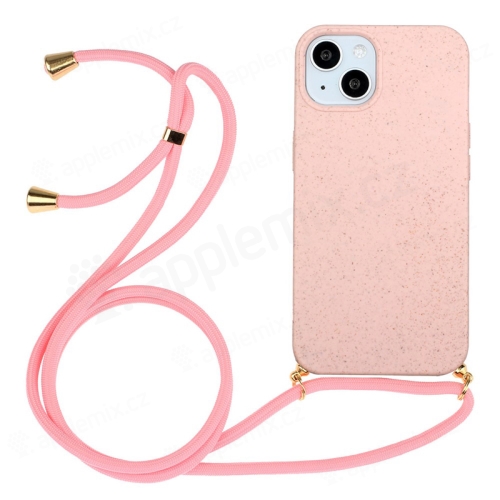 Kryt pro Apple iPhone 15 - slaměné kousky - se šňůrkou - gumový - růžový
