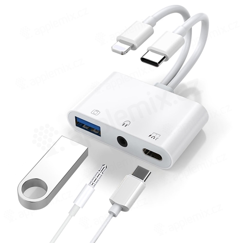 Adaptér pre Apple iPhone / iPad Lightning / USB-C na USB-C + USB-A + 3,5 mm jack