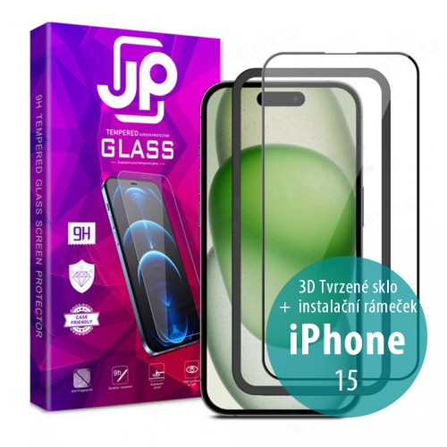 JP Tvrdené sklo pre Apple iPhone 15 - Vhodné do puzdra + aplikátor - čierny rám