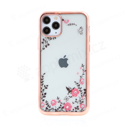 Kryt FORCELL Diamond pre Apple iPhone 11 Pro - gumový - kvety a kamienky - ružový rám