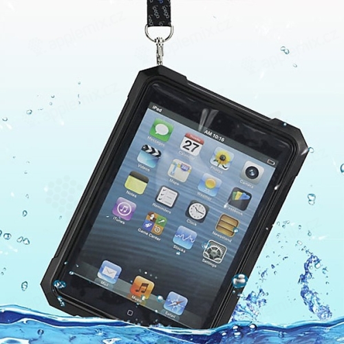 Vodotesné plastové a silikónové puzdro iPega pre Apple iPad mini / mini 2 (Retina) so šnúrkou - čierne a priehľadné