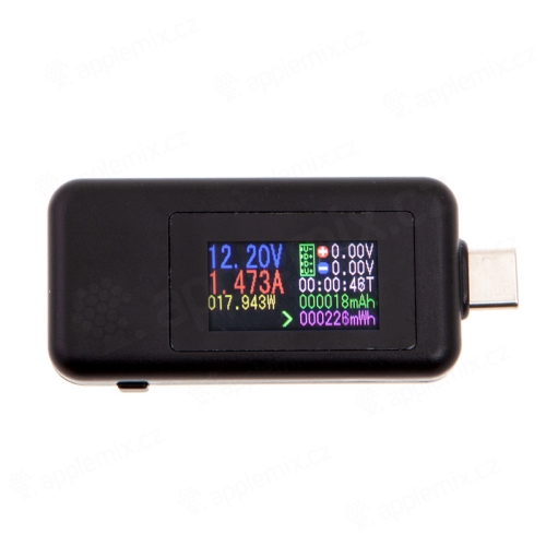 USB nabíjací tester - LCD displej - USB-C samec / USB-C samica - meranie napätia / prúdu - plast - čierny