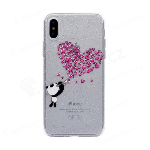 Kryt pro Apple iPhone X / Xs  - gumový - průhledný s třpytkami - panda a srdce