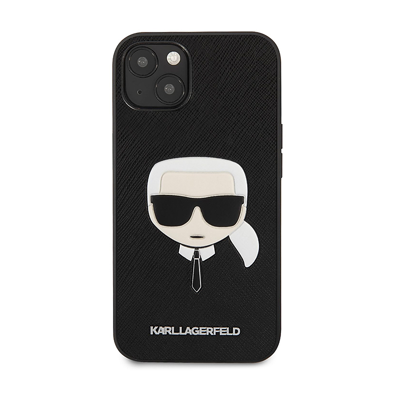 Kryt KARL LAGERFELD pro Apple iPhone 13 mini - hlava Karla - plast / umělá kůže - černý