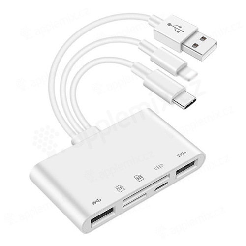 Adaptér Lightning / USB-C / USB-A na 2x USB-A + Lightning + SD / Micro SD - biely