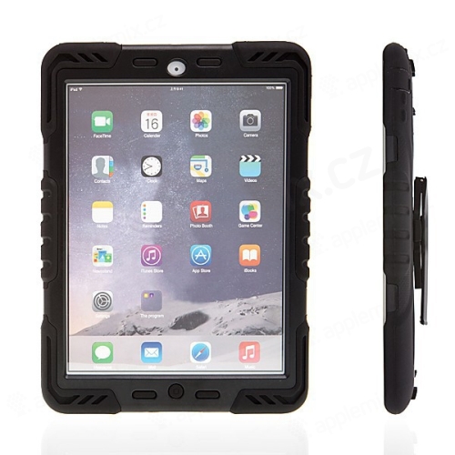 Odolné plasto-silikonové pouzdro Pepkoo pro Apple iPad Air 1.gen. s 360° otočným stojánkem a přední ochrannou vrstvou - černé